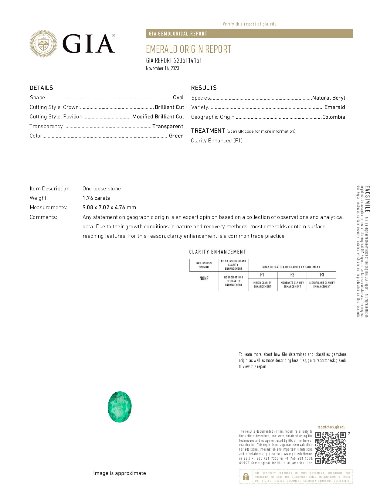 1.76 ct Oval Cut Colombian Emerald
