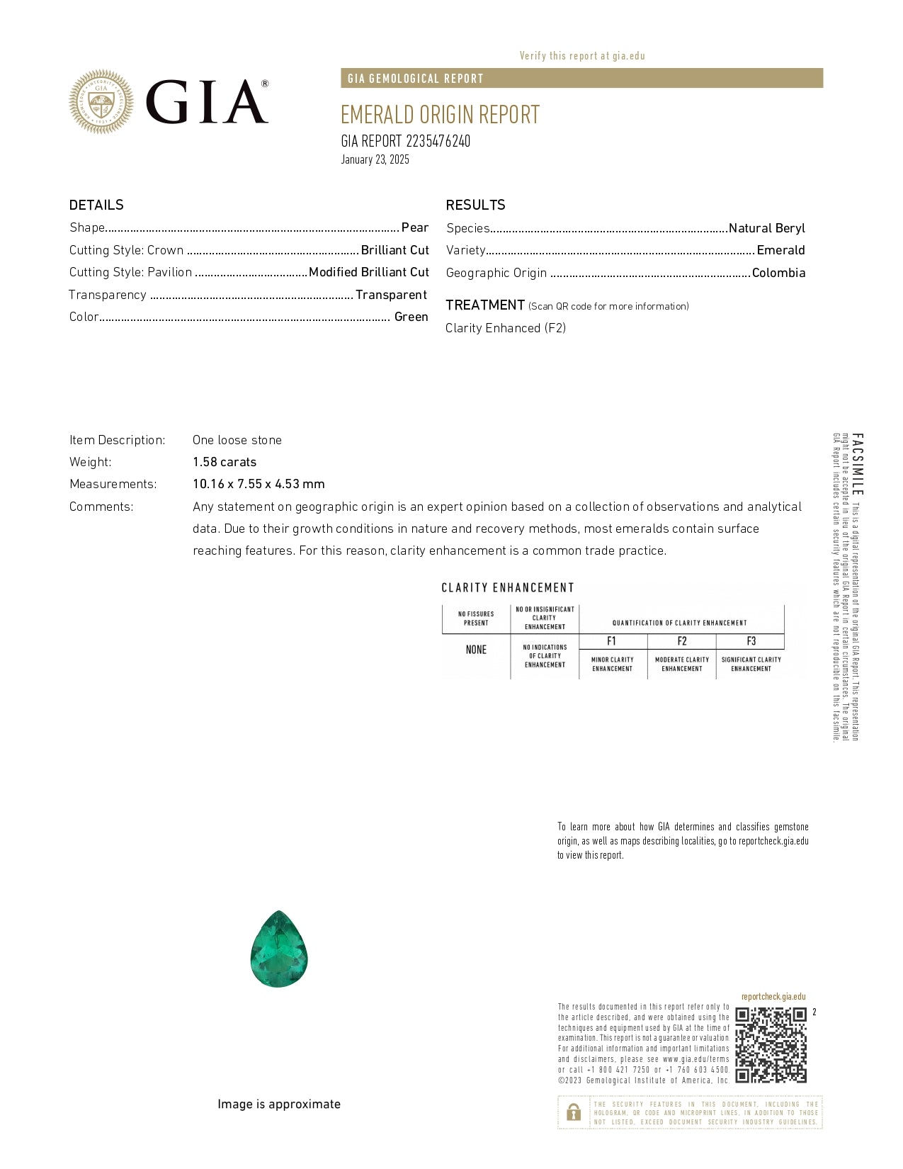 1.58 ct Pear Cut Colombian Emerald