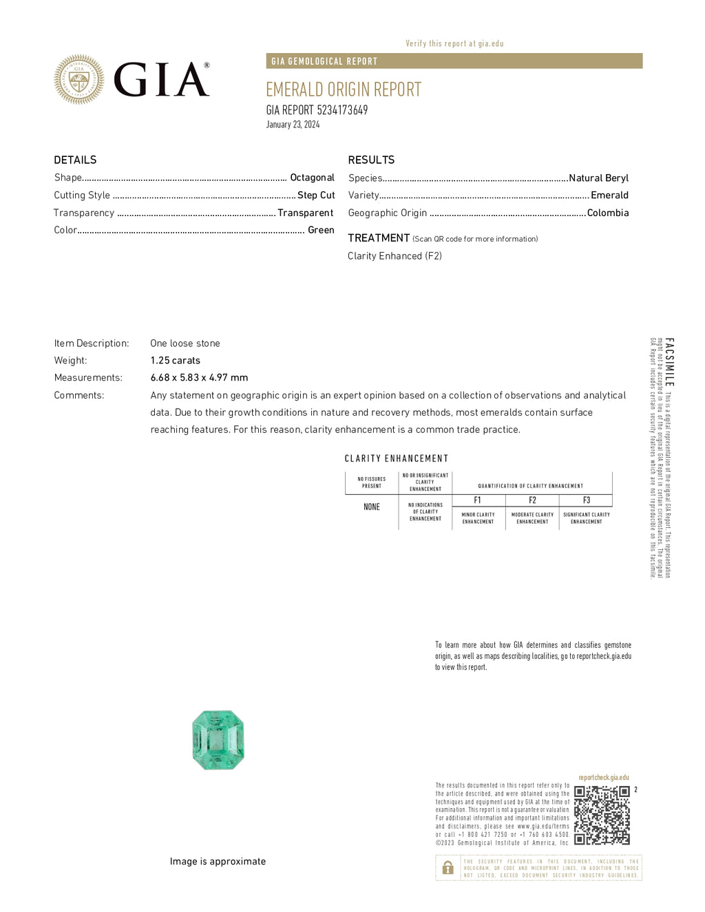 1.25 ct Square Cut Colombian Emerald